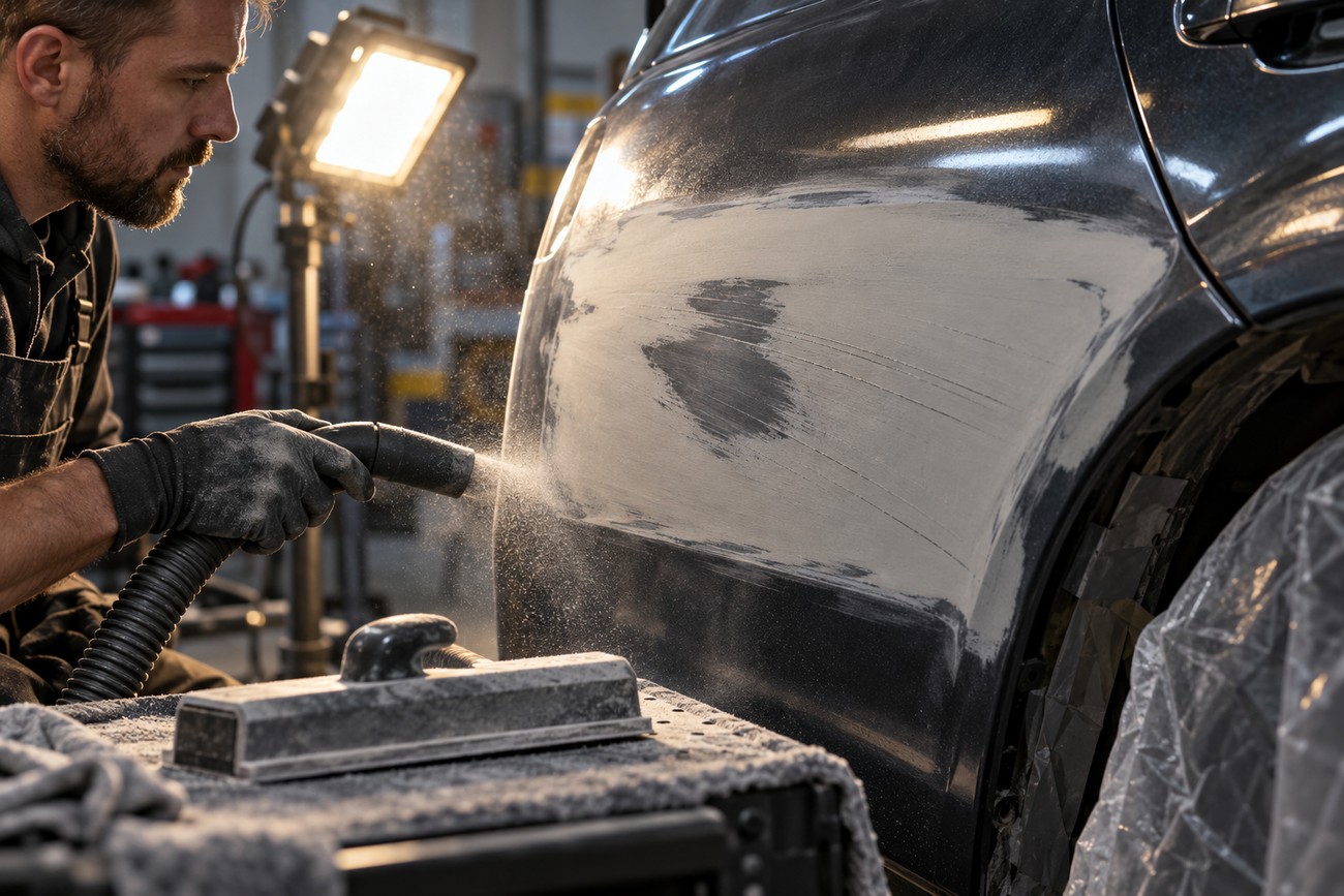 A mechanic in a workshop uses a vacuum tool to clean dust from a sanded car body filler panel