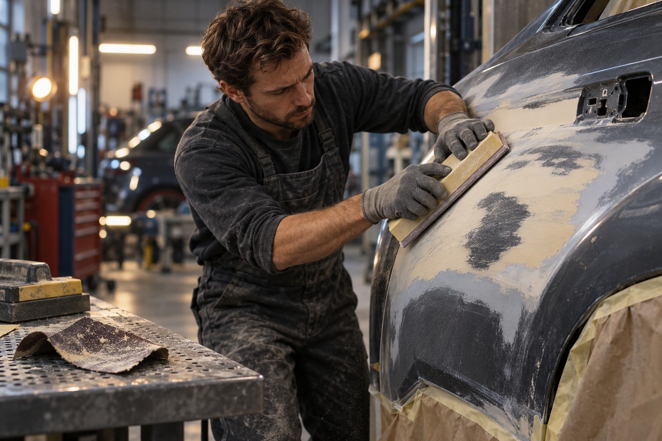 A mechanic in coveralls uses a sanding block to smooth body filler on a car panel in a workshop