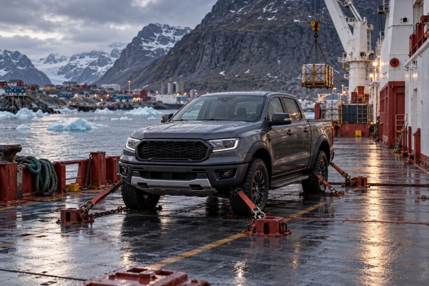 A dark gray Ford Ranger secured with orange straps on the wet metal deck of a cargo ship with icy waters and snowy mountains in Greenland in the background