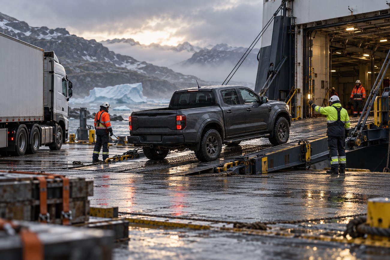 A dark gray Ford Ranger pickup truck driving up the ramp onto a cargo ship in Greenland