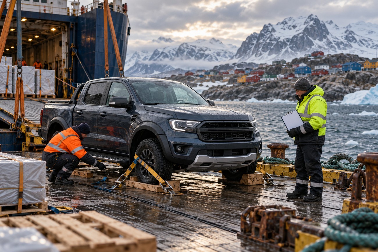 Dockworkers securing a dark gray Ford Ranger pickup truck with straps on a cargo ship near snowy mountains in Greenland
