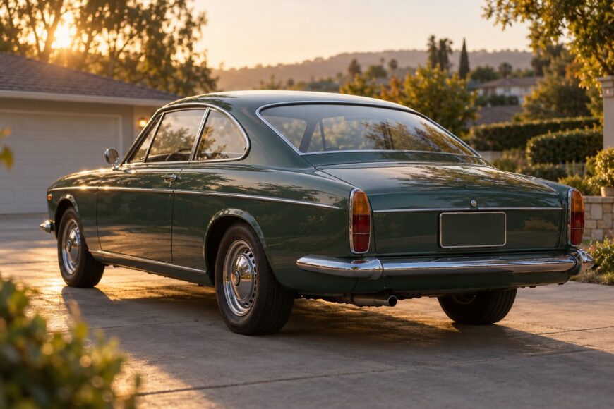 Classic green Sunbeam Rapier Fastback coupe parked in a residential driveway during sunset