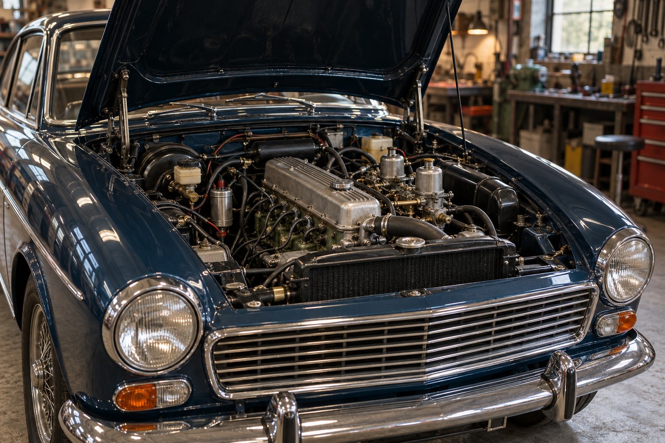 Classic dark blue Sunbeam Rapier Fastback with its hood open, showcasing the detailed engine bay inside a vintage workshop