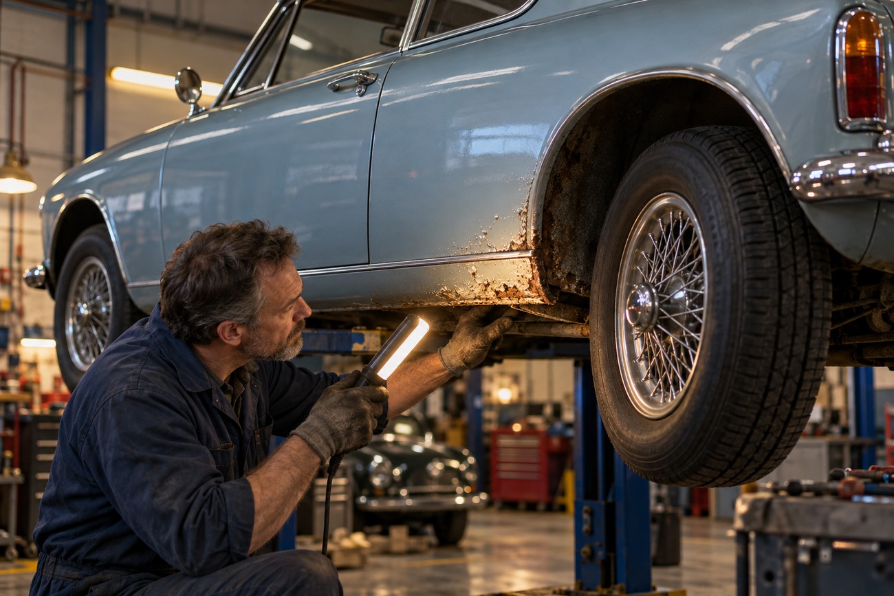 Mechanic holding a work light inspecting rust damage on the side panel of a light blue Sunbeam Rapier Fastback coupe in a garage