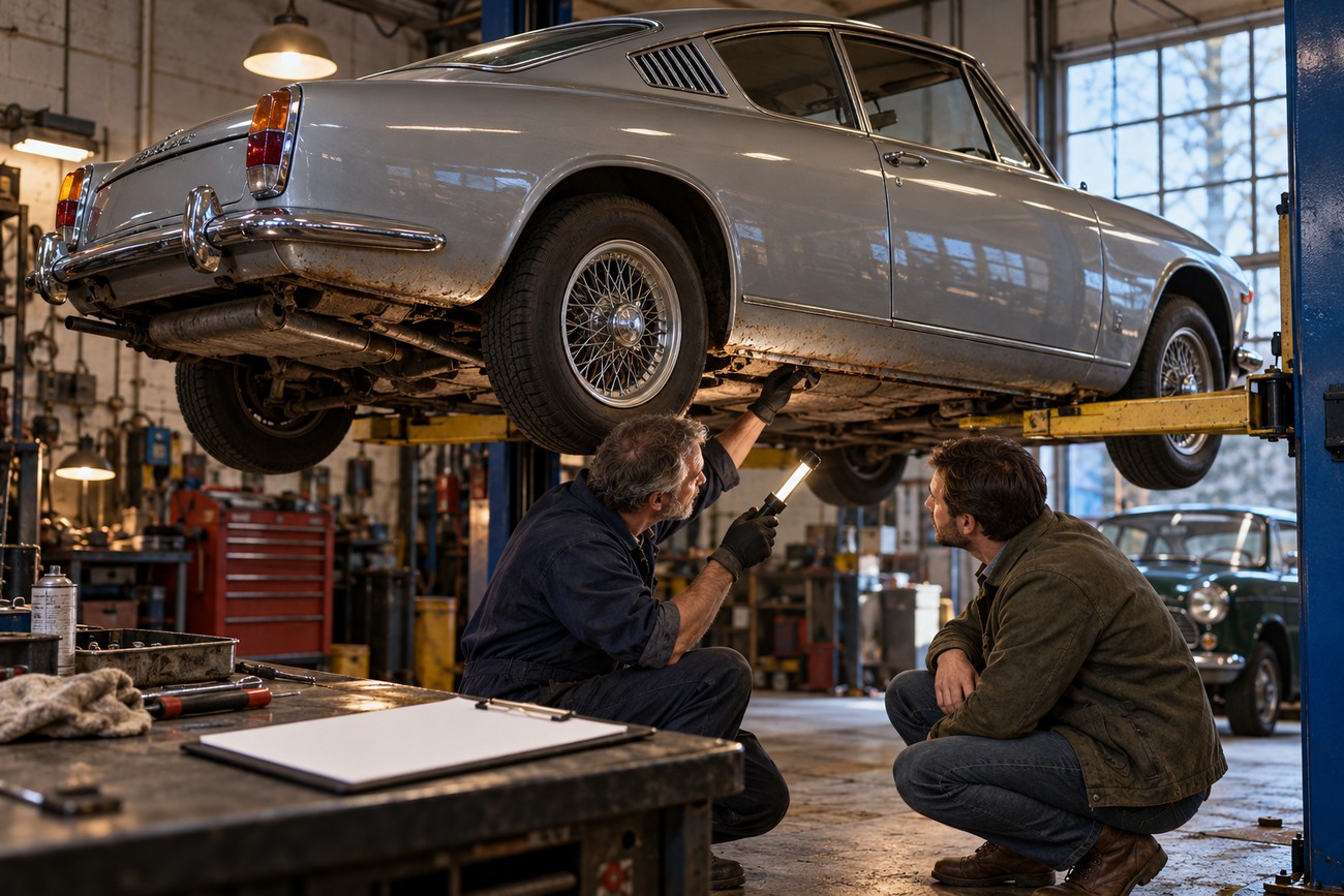 Two mechanics inspecting the underbody and suspension of a classic silver Sunbeam Rapier Fastback raised on a hydraulic lift in a garage