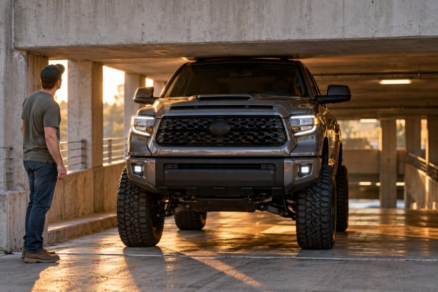 A man stands next to a lifted Toyota Tundra checking the tight overhead clearance inside a parking garage