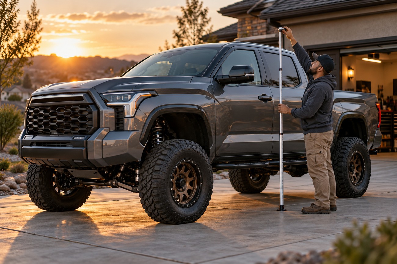 A man holding a measuring stick next to a lifted gray Toyota Tundra in a driveway