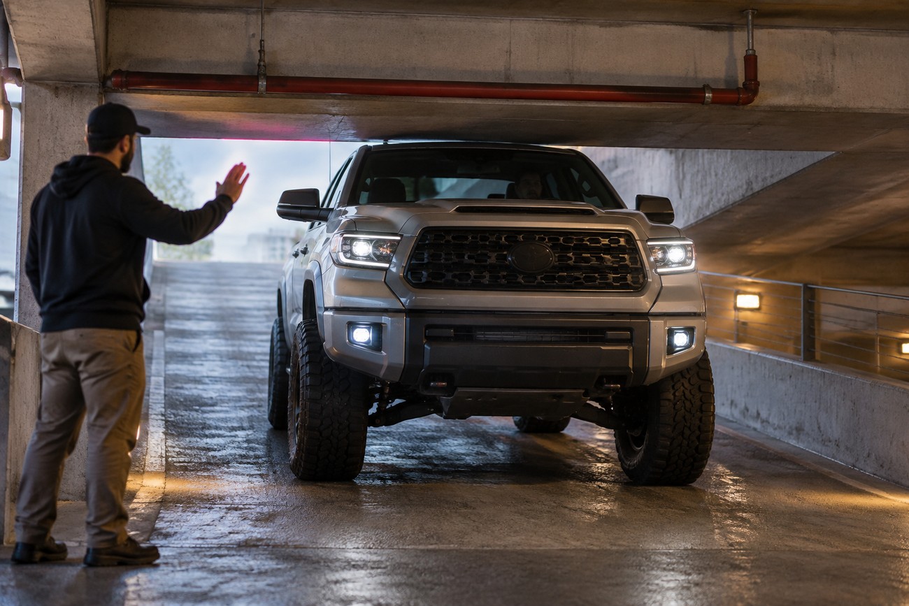A man guides a lifted silver Toyota Tundra entering a concrete parking garage with low ceiling clearance