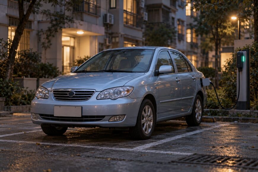 A silver BYD F3DM plug-in hybrid sedan parked in an urban parking lot while plugged into a charging station at dusk