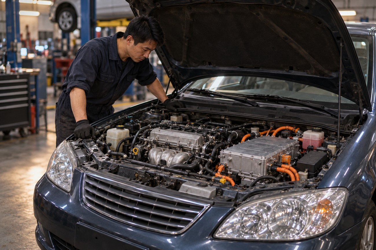 Mechanic in dark overalls examining the hybrid engine bay of a BYD F3DM plug-in hybrid car in a repair shop