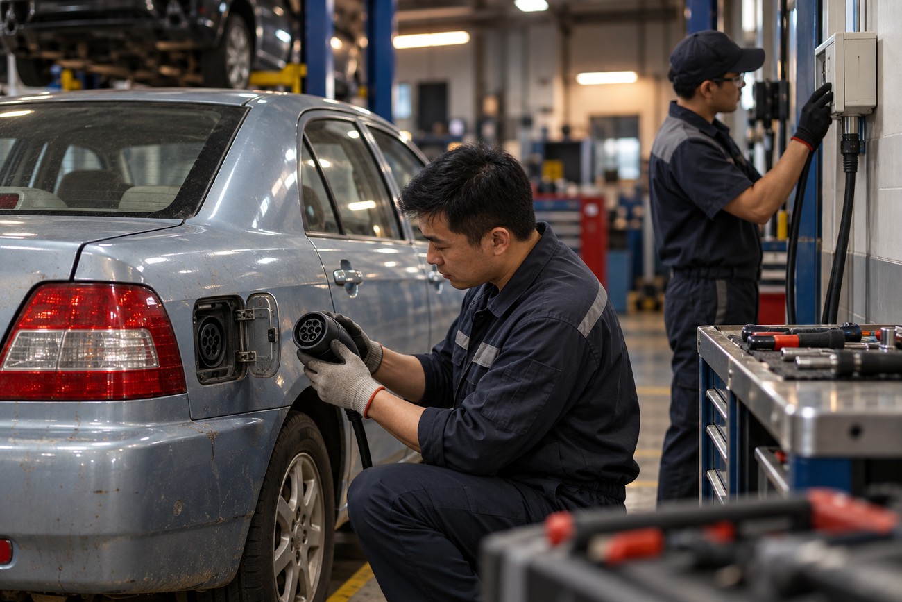 A technician in work clothes plugging a charging cable into a BYD F3DM hybrid sedan inside a service garage