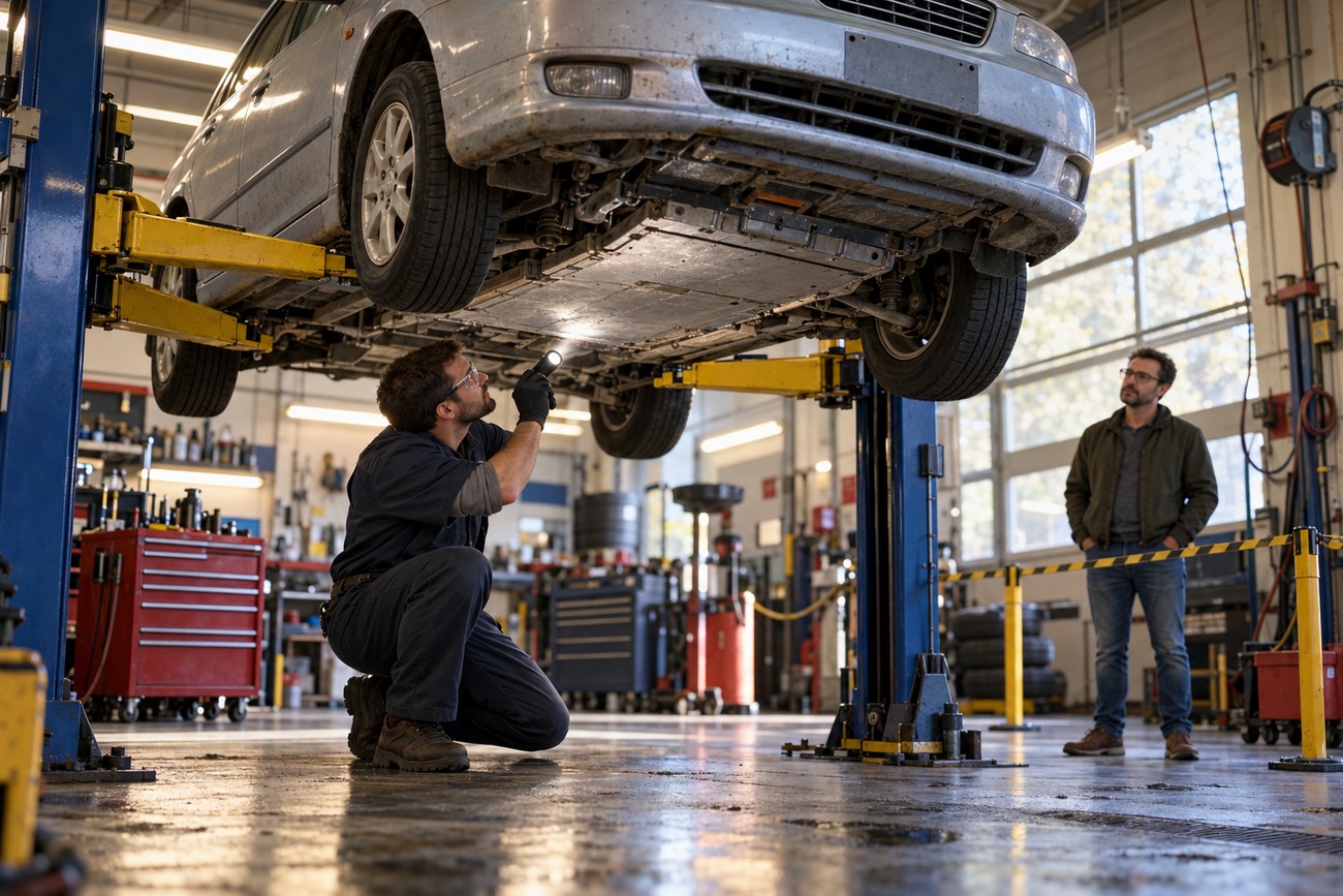 A mechanic crouching with a flashlight inspecting the underbody of a BYD F3DM hybrid car lifted on a hoist in a repair shop while a customer watches