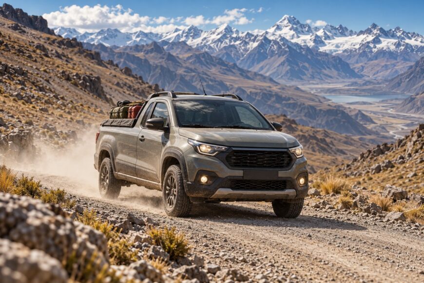 Grey Fiat Strada pickup truck driving on a dusty mountain road with snow-capped Andes mountains in the background