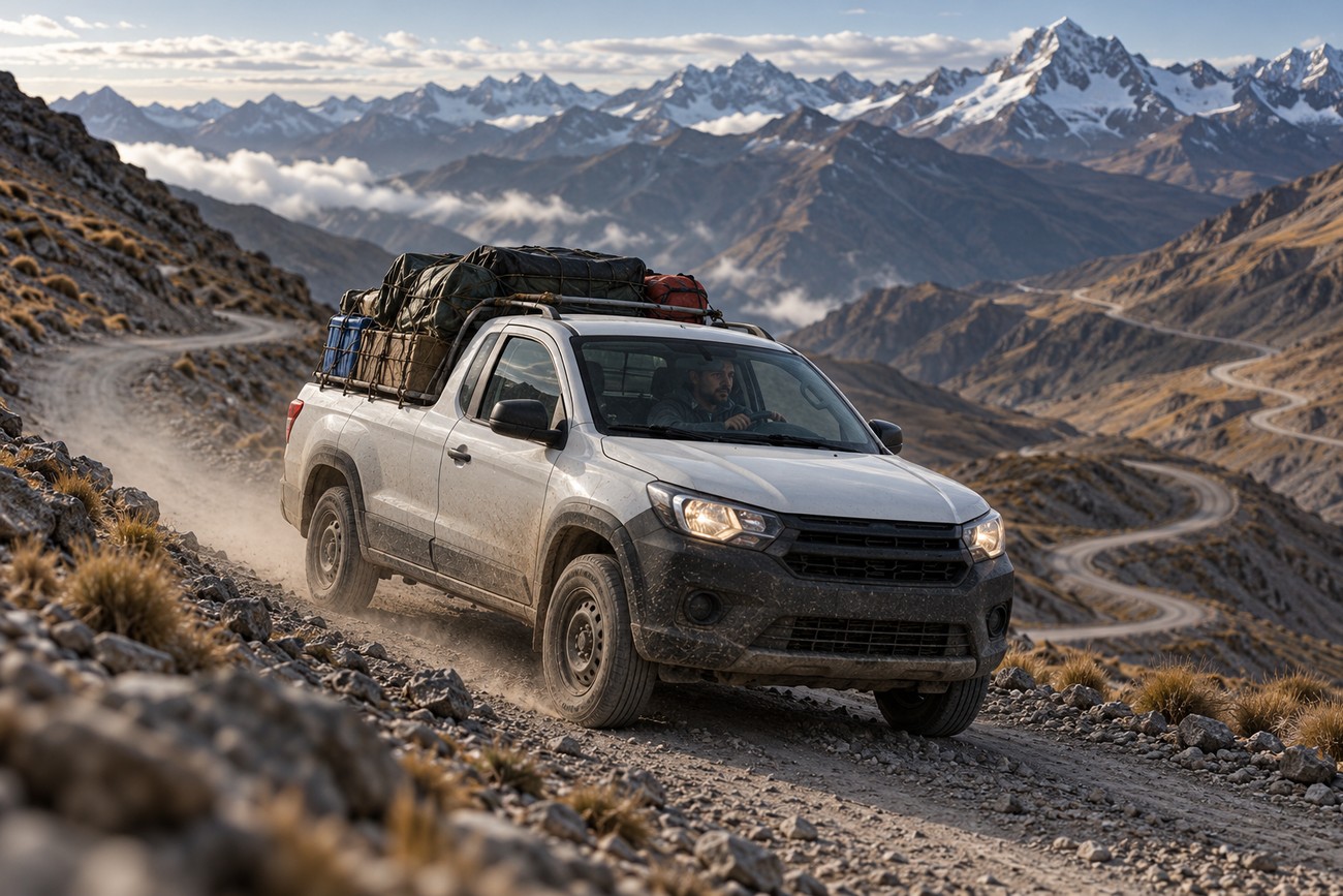 A white Fiat Strada pickup truck driving on a dusty mountain road with snow-capped Andean peaks in the background