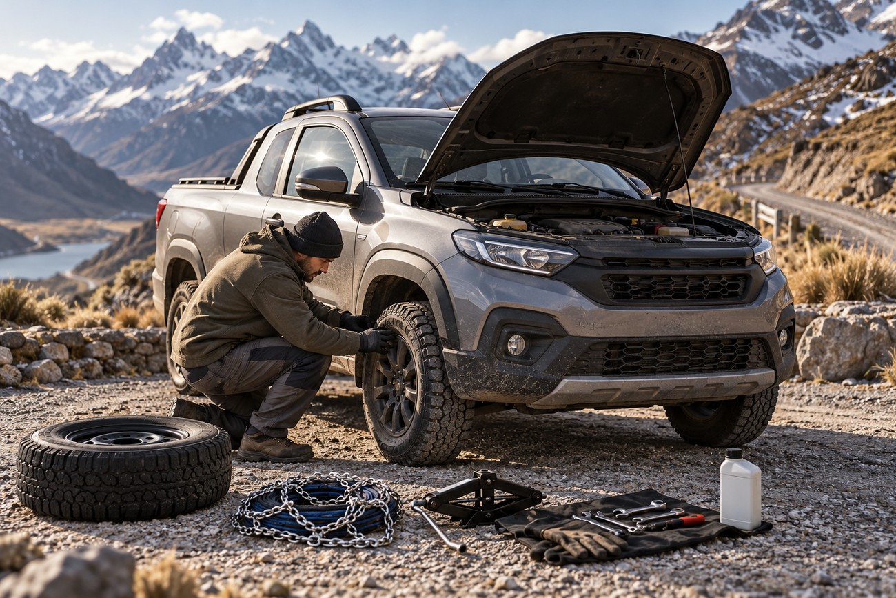 A man in outdoor gear replacing a tire on a gray Fiat Strada pickup truck parked on a mountain pass with snow-capped peaks in the background
