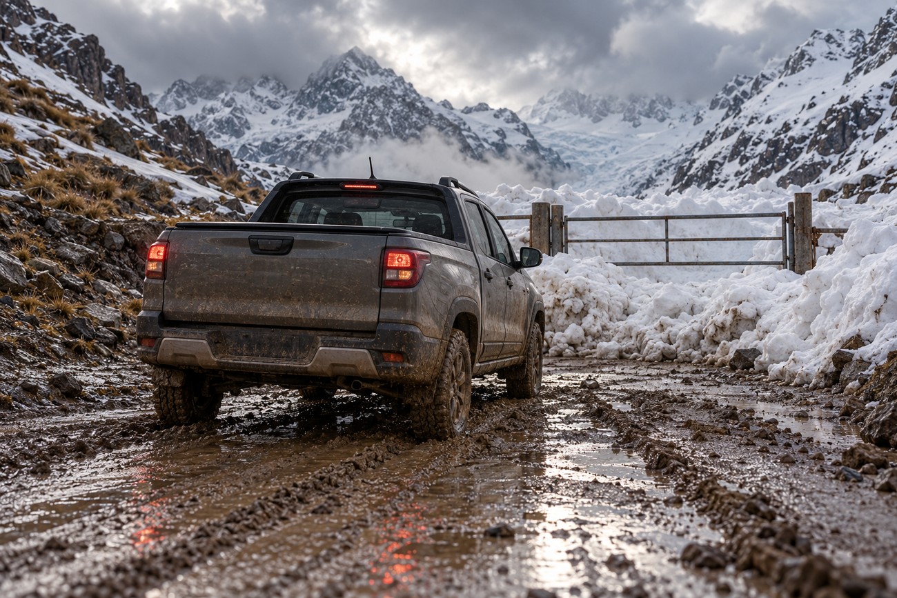 A muddy Fiat Strada pickup truck navigating a rugged mountain road in front of snowy peaks