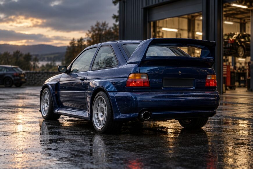 Dark blue Ford Escort RS Cosworth with its iconic whale-tail spoiler parked on wet ground outside a garage at sunset