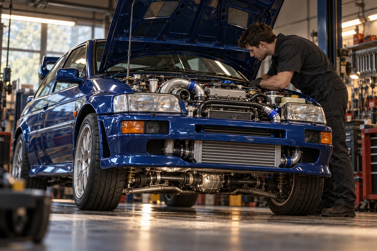 A mechanic in black overalls inspects the turbocharged engine bay of a blue Ford Escort RS Cosworth in a garage