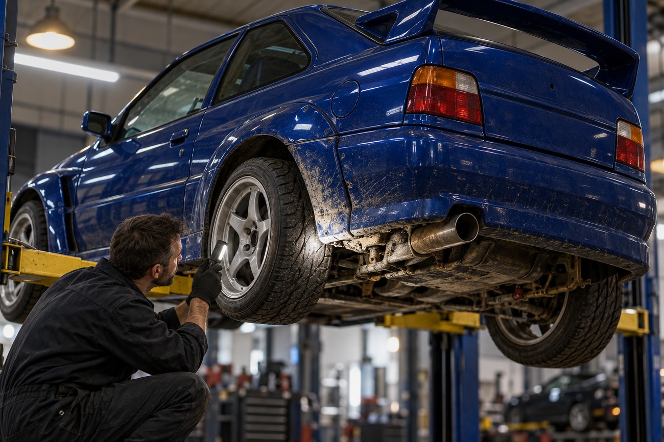 Mechanic with a flashlight inspecting the rear wheel of a blue Escort RS Cosworth on a lift in a garage
