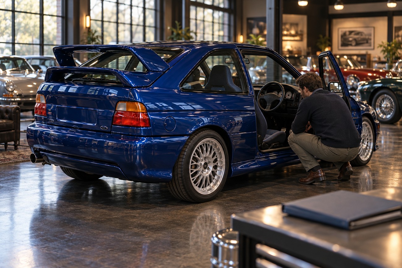 A man crouching to inspect the interior of a blue Ford Escort RS Cosworth with its signature whale-tail spoiler parked inside a showroom