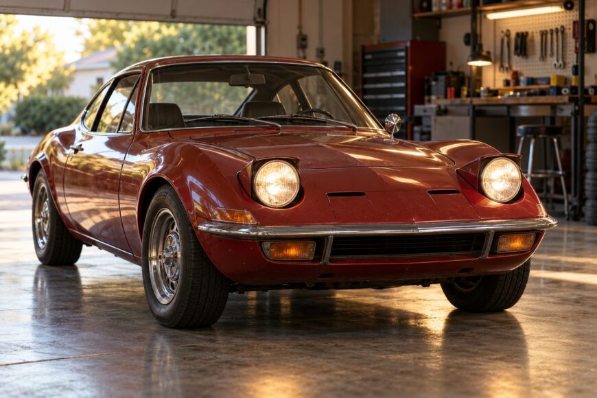 Classic red Opel GT sports car parked in a garage with rotating headlights turned on