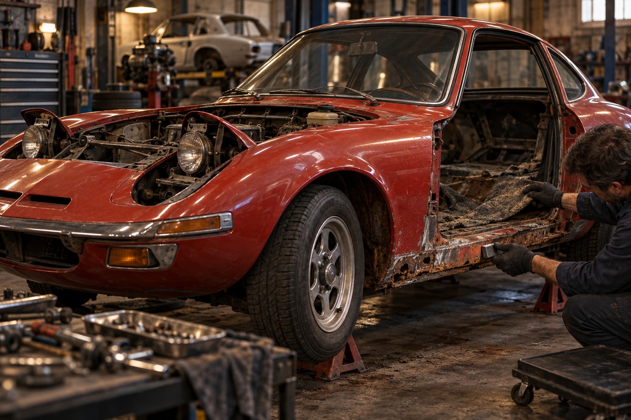 A mechanic in a workshop working on the rusted side panel of a red vintage Opel GT sports car resting on jack stands