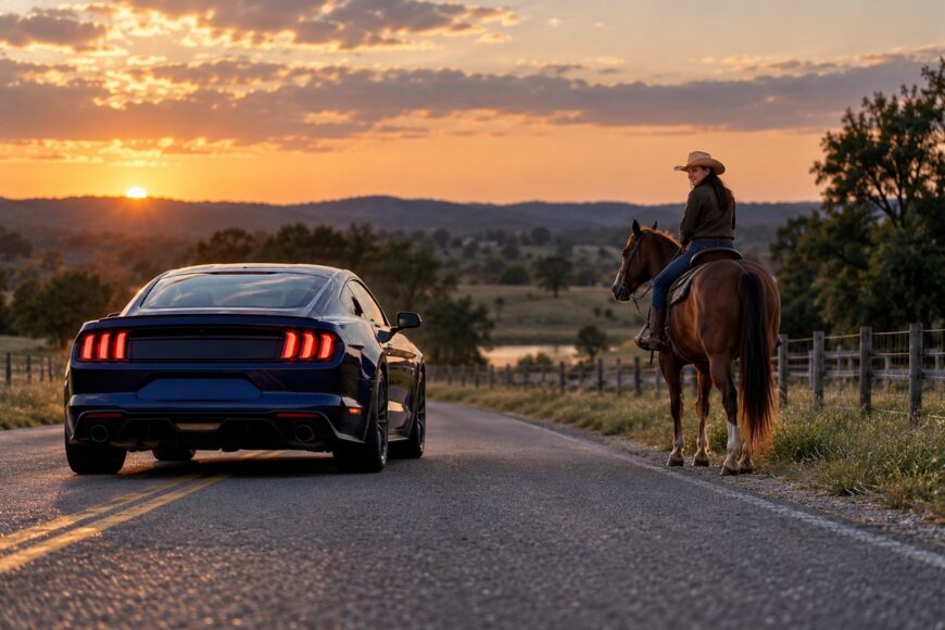 A dark blue Mustang GT passes a horse and rider stopped on the shoulder of a scenic country road at sunset