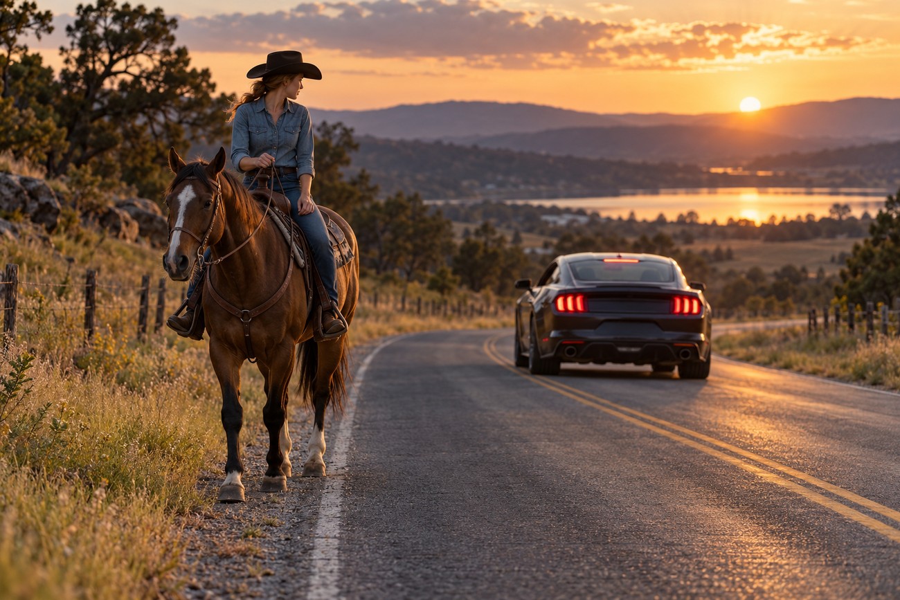 A dark Ford Mustang GT driving past a woman wearing a cowboy hat on horseback along a scenic country road during sunset