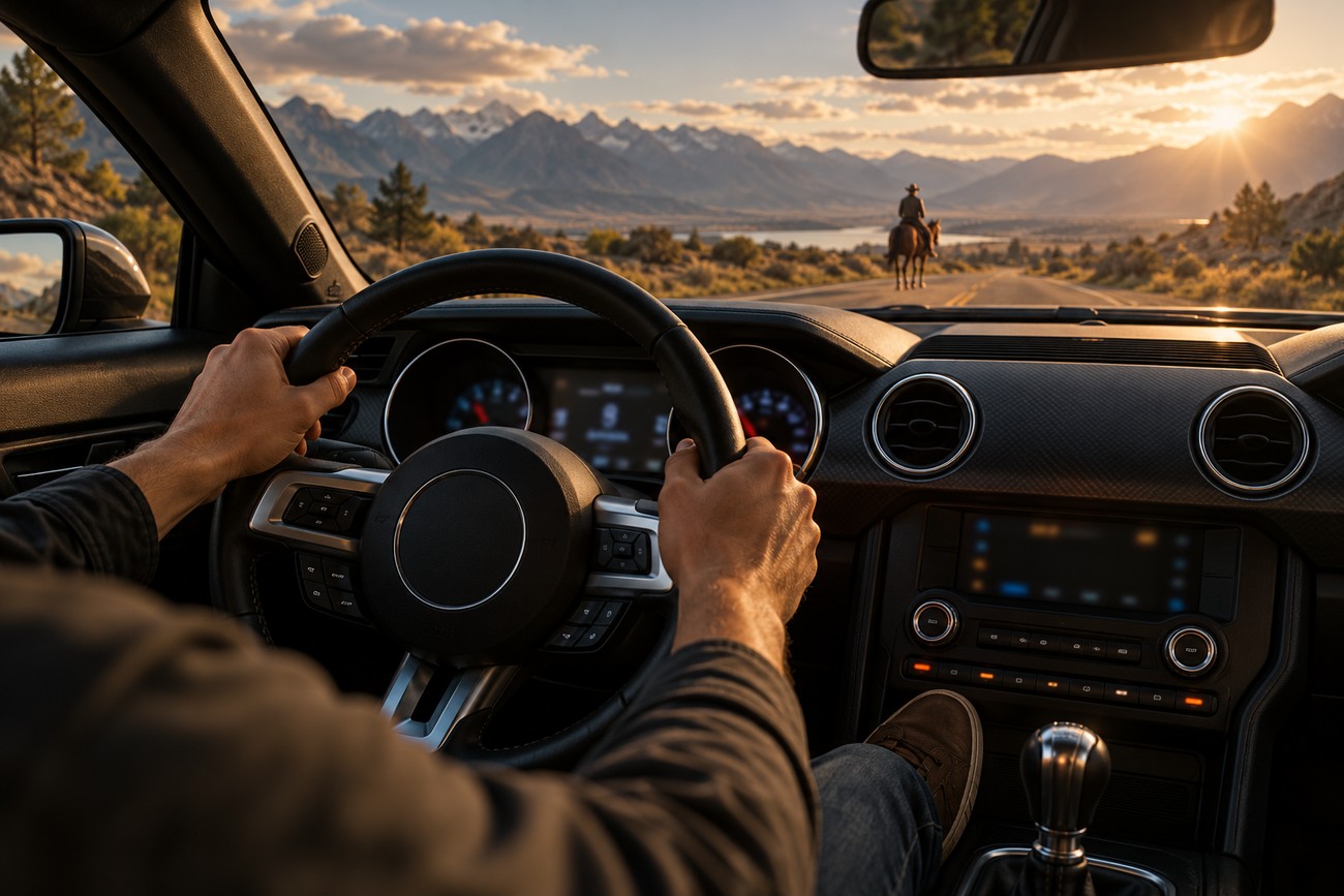 Driver's perspective holding the steering wheel of a modern Mustang GT approaching a horse and rider on a scenic mountain road at sunset