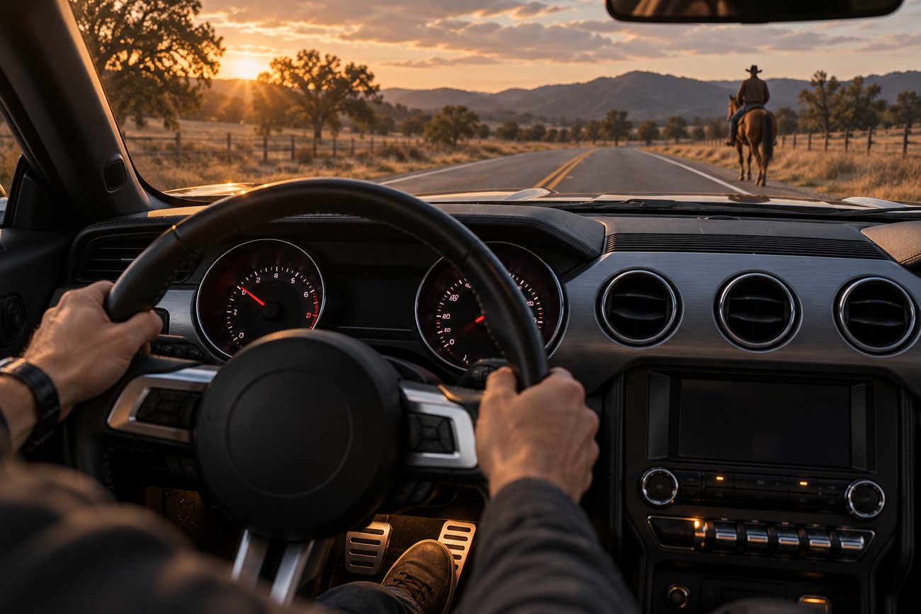 Driver POV from inside a Mustang GT dashboard approaching a horse and rider on a country road at sunset