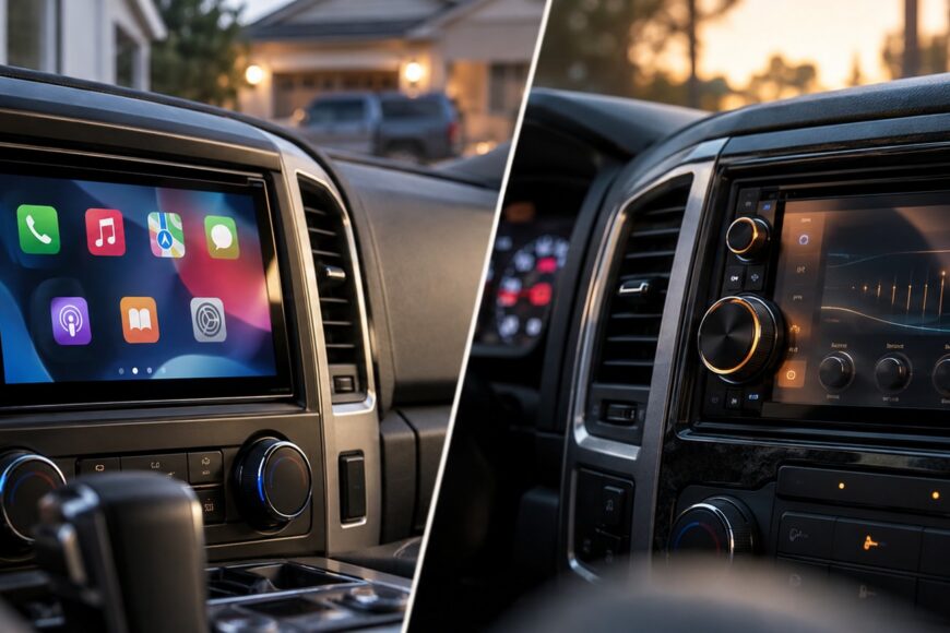 Split screen view comparing Pioneer and Kenwood double DIN head units installed inside a car dashboard