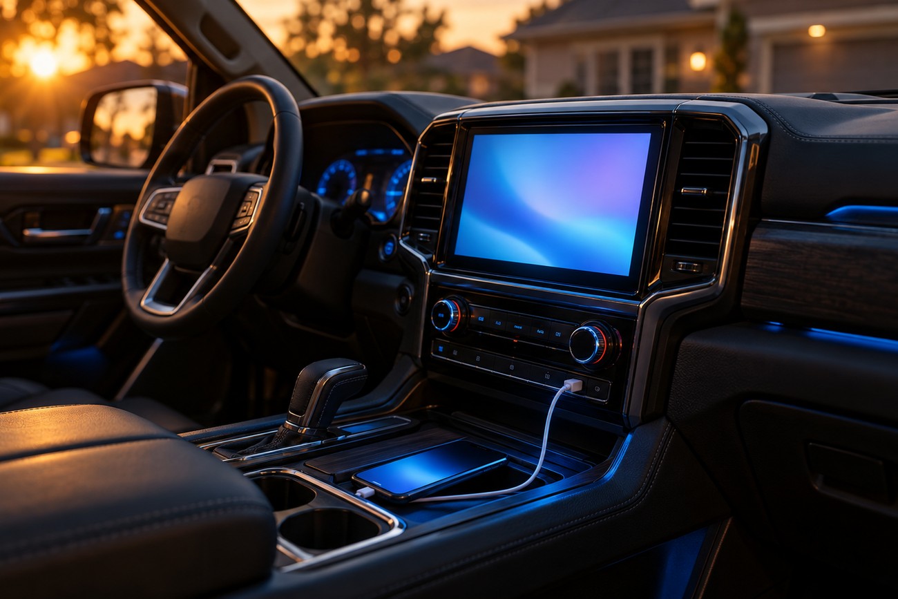 Modern car interior showcasing a large touchscreen double DIN head unit installed in the dashboard