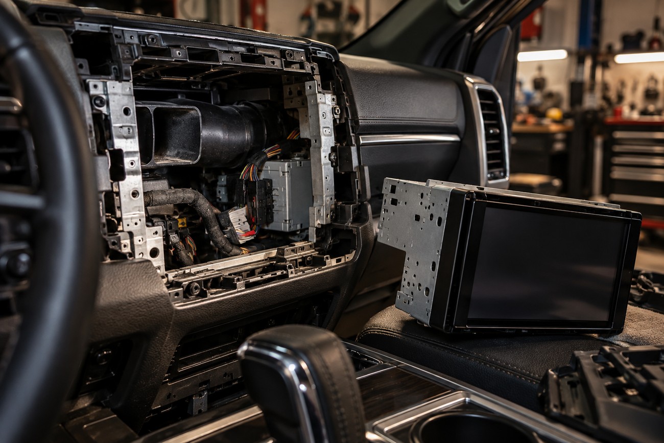 Double DIN head unit resting on a car seat next to a disassembled dashboard during audio installation