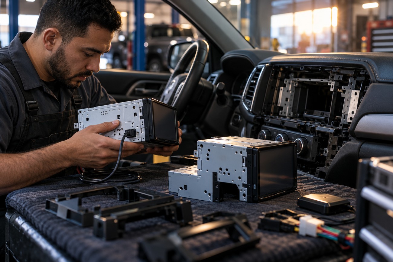 A technician holding a double DIN head unit next to a disassembled car dashboard during an audio installation
