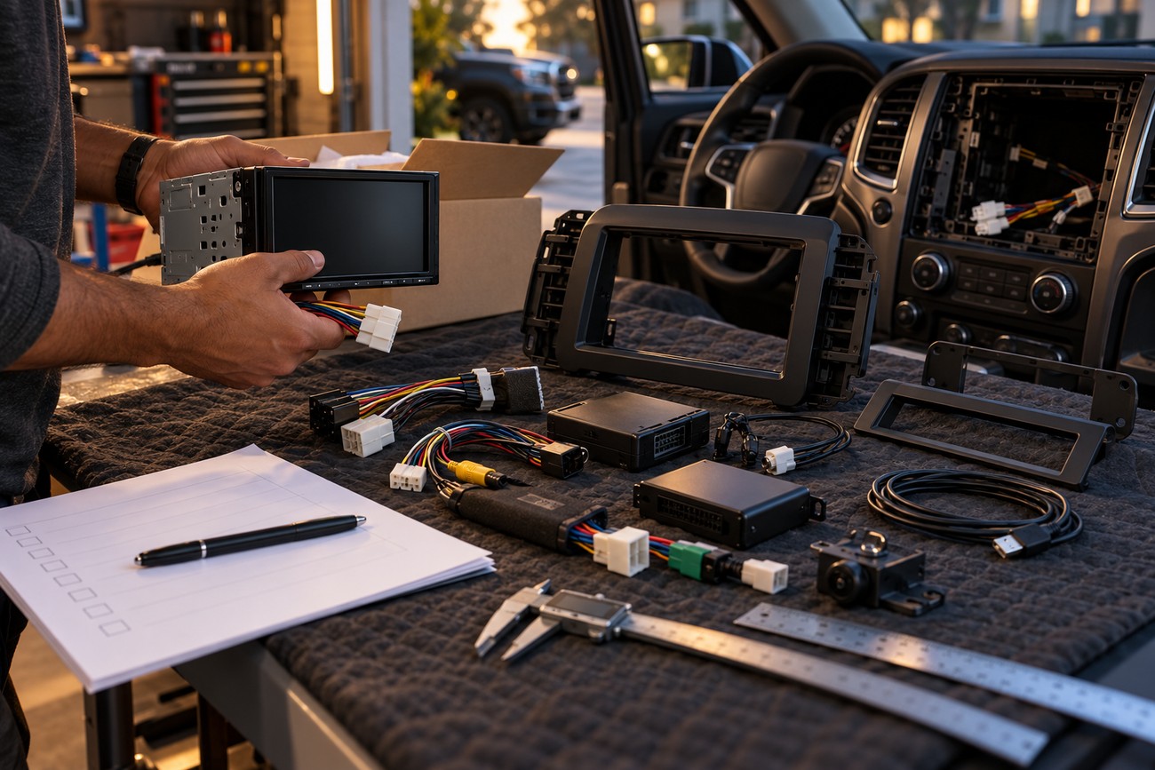 A technician holding a double DIN head unit surrounded by installation parts and wiring harnesses inside a vehicle