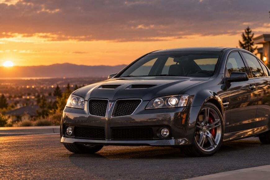Dark gray Pontiac G8 GXP sedan parked on a paved road during a vibrant sunset