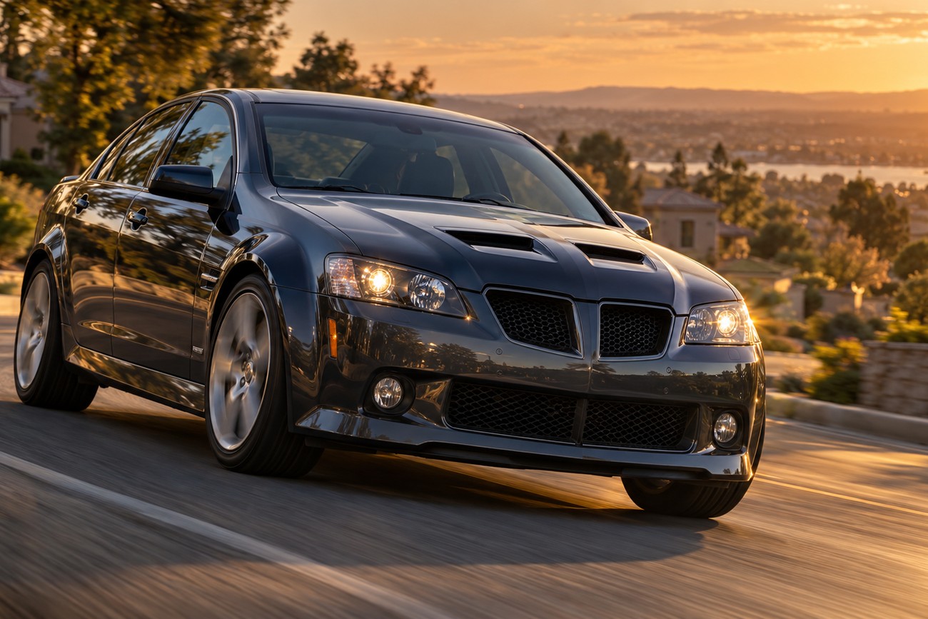 Dark gray Pontiac G8 GXP sedan driving on a winding road during golden hour sunset