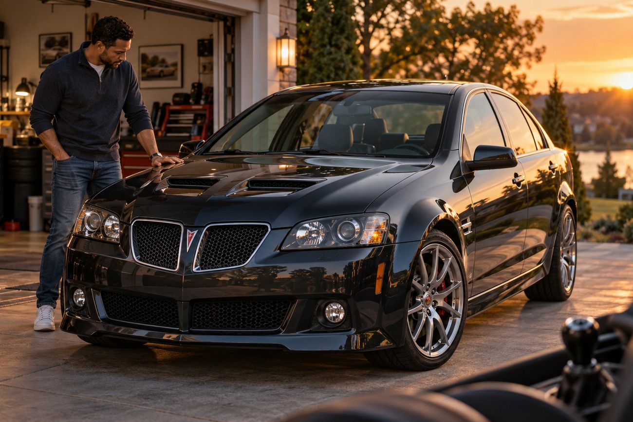 A man leaning against his black Pontiac G8 GXP parked in front of a garage at sunset