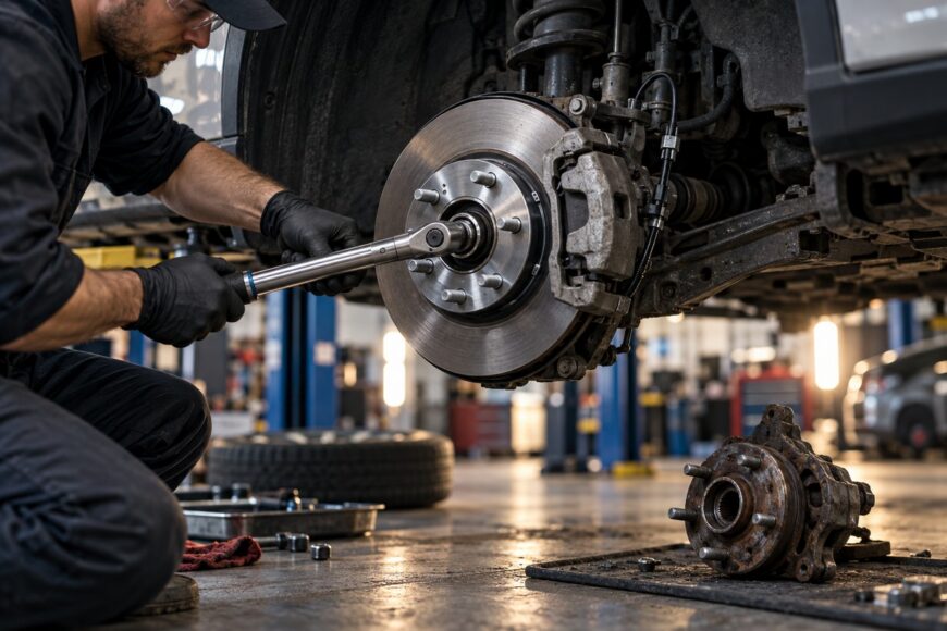 A mechanic wearing black gloves uses a torque wrench on a car wheel hub assembly in a repair shop