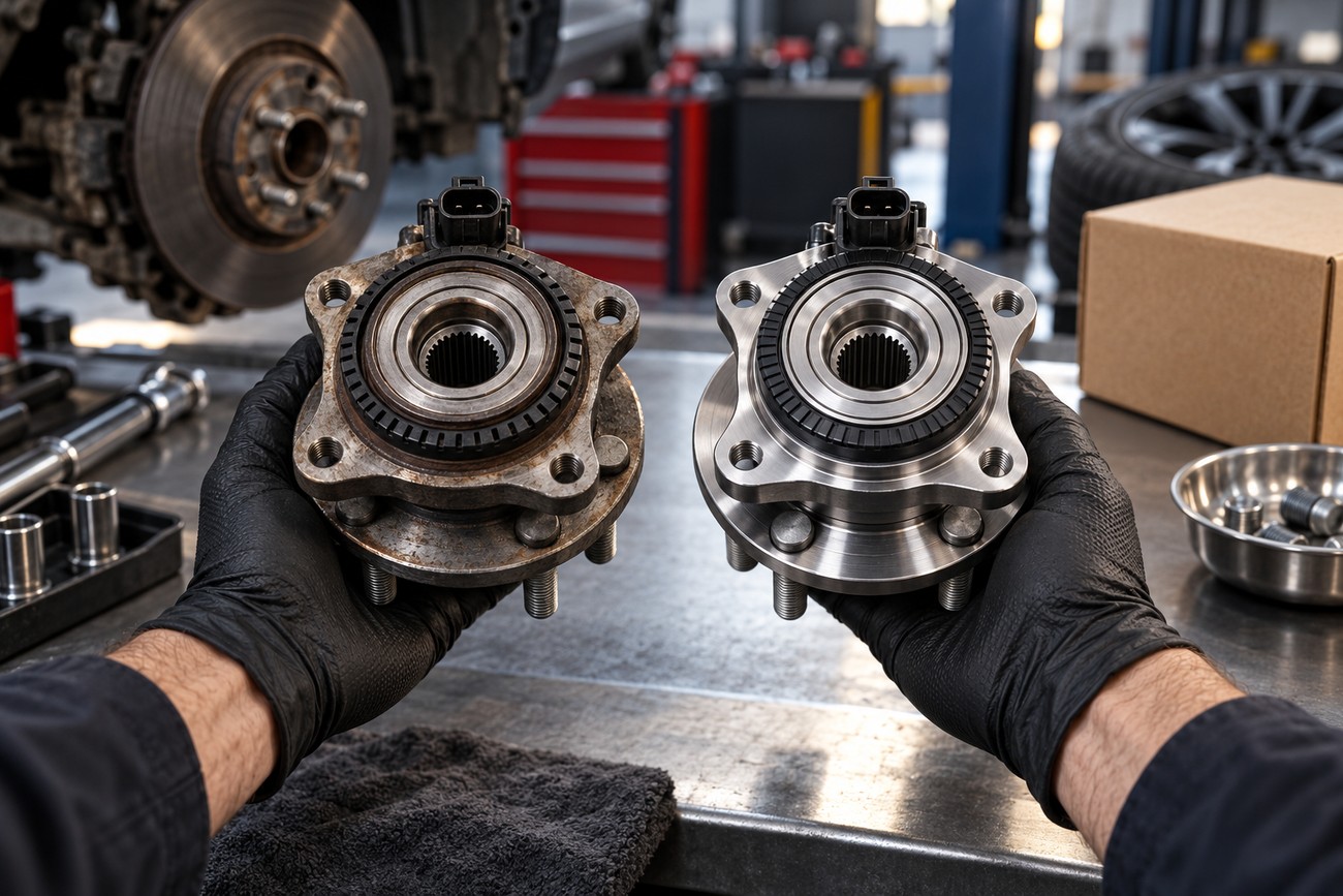 Mechanic wearing black gloves holding a worn out rusty wheel bearing and a new shiny wheel hub assembly in a workshop
