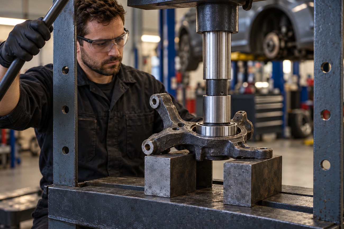 Mechanic wearing safety glasses operating a hydraulic press to replace a wheel bearing in a workshop