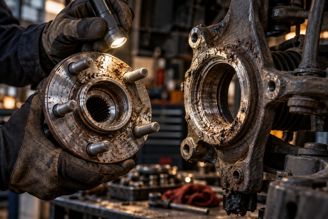 Mechanic wearing work gloves holding a flashlight to inspect a rusty wheel hub assembly and steering knuckle