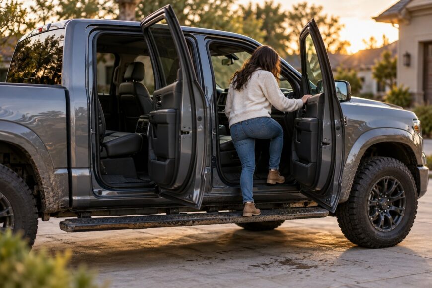 Woman stepping onto the running board to enter a dark grey pickup truck