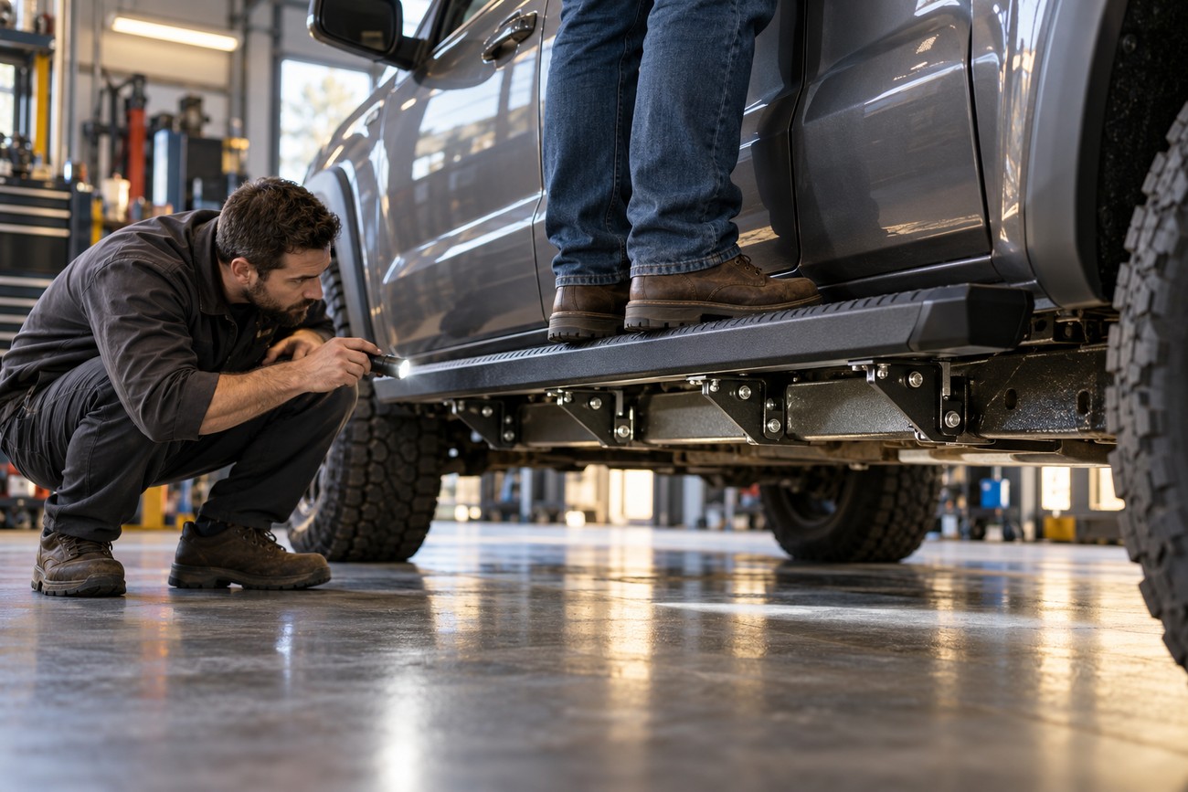 A mechanic crouches down with a flashlight to inspect the heavy-duty running board and brackets mounted on the side of a grey pickup truck in a brightly lit repair shop