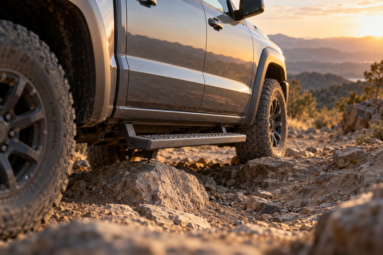 A rugged pickup truck equipped with a black metal side step parked on a rocky off-road trail at sunset