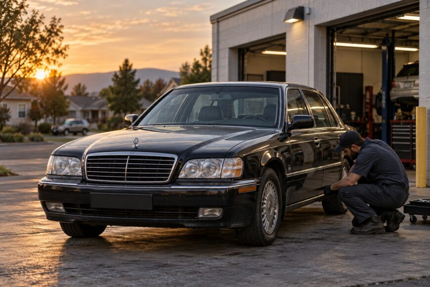 A black SsangYong Chairman sedan parked outside an auto repair shop while a mechanic in uniform checks the wheel during sunset