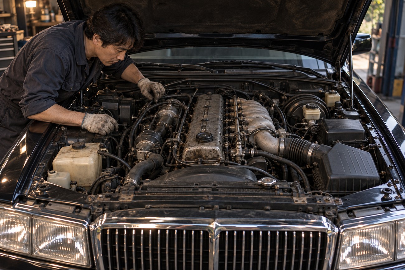 A mechanic wearing gloves inspects the engine compartment of a dark SsangYong Chairman sedan