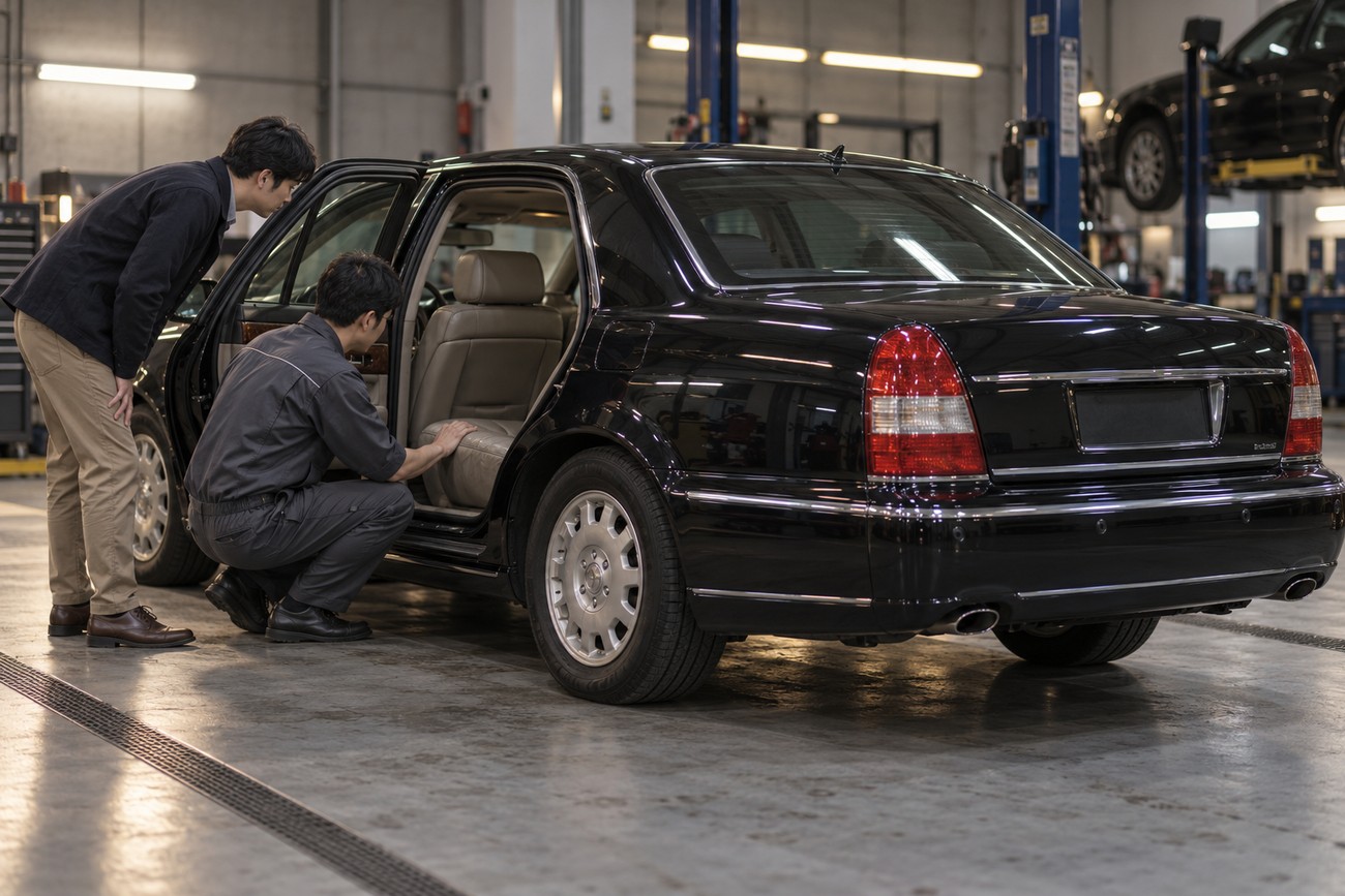 Two mechanics inspecting the rear leather seats of a black SsangYong Chairman luxury sedan in a garage