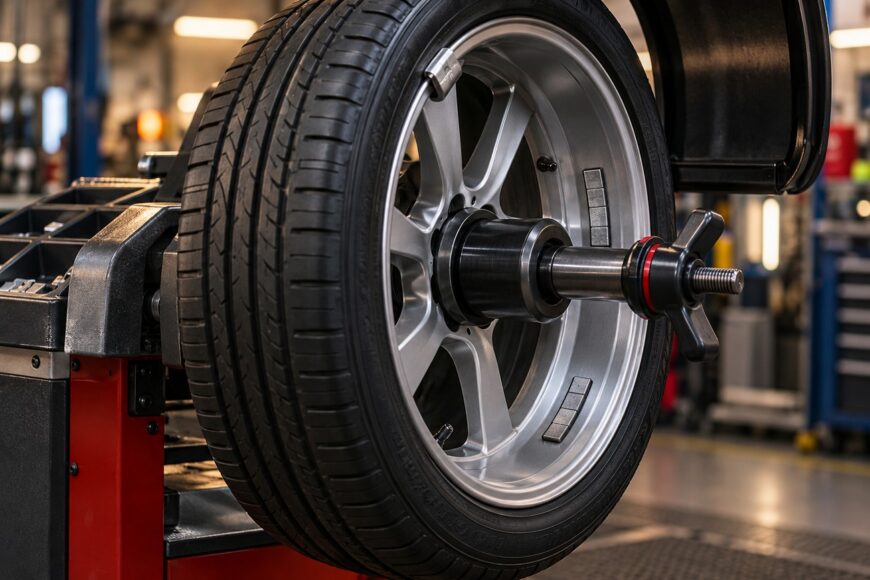 Car wheel mounted on a tire balancing machine with visible clip-on and stick-on wheel weights attached to the alloy rim in an auto repair shop
