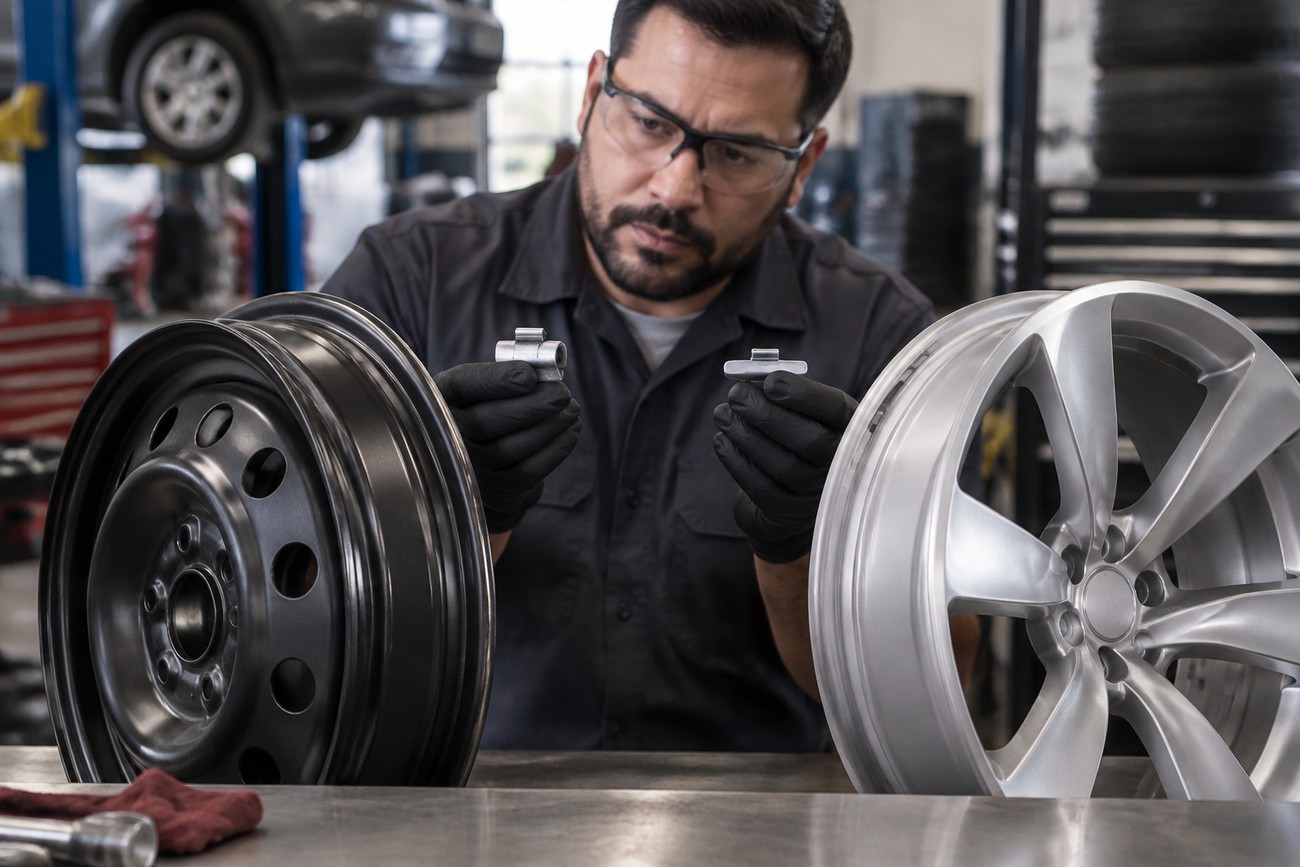 Mechanic wearing protective glasses and gloves holding clip-on and stick-on wheel weights between a steel rim and an alloy rim in a workshop